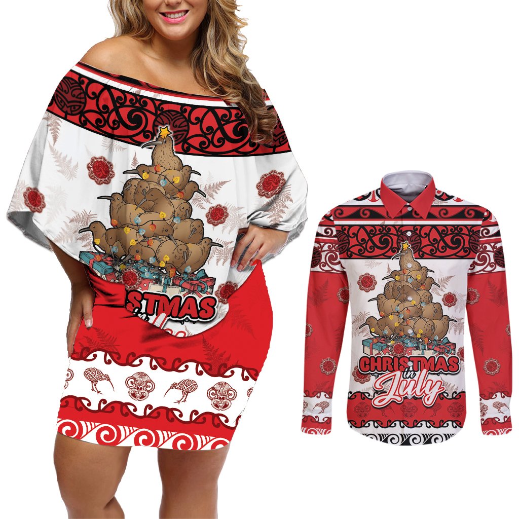 Personalised New Zealand July Christmas Couples Matching Off Shoulder Short Dress and Long Sleeve Button Shirt Maori Kiwi Xmas Tree - White LT05 White - Polynesian Pride