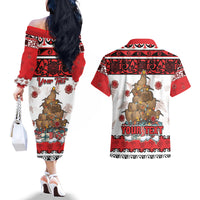 Personalised New Zealand July Christmas Couples Matching Off The Shoulder Long Sleeve Dress and Hawaiian Shirt Maori Kiwi Xmas Tree - White LT05 - Polynesian Pride