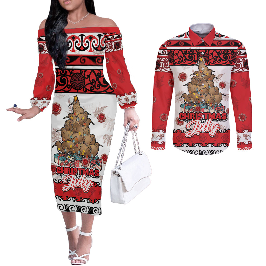Personalised New Zealand July Christmas Couples Matching Off The Shoulder Long Sleeve Dress and Long Sleeve Button Shirt Maori Kiwi Xmas Tree - White