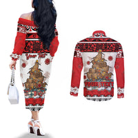 Personalised New Zealand July Christmas Couples Matching Off The Shoulder Long Sleeve Dress and Long Sleeve Button Shirt Maori Kiwi Xmas Tree - White LT05 - Polynesian Pride