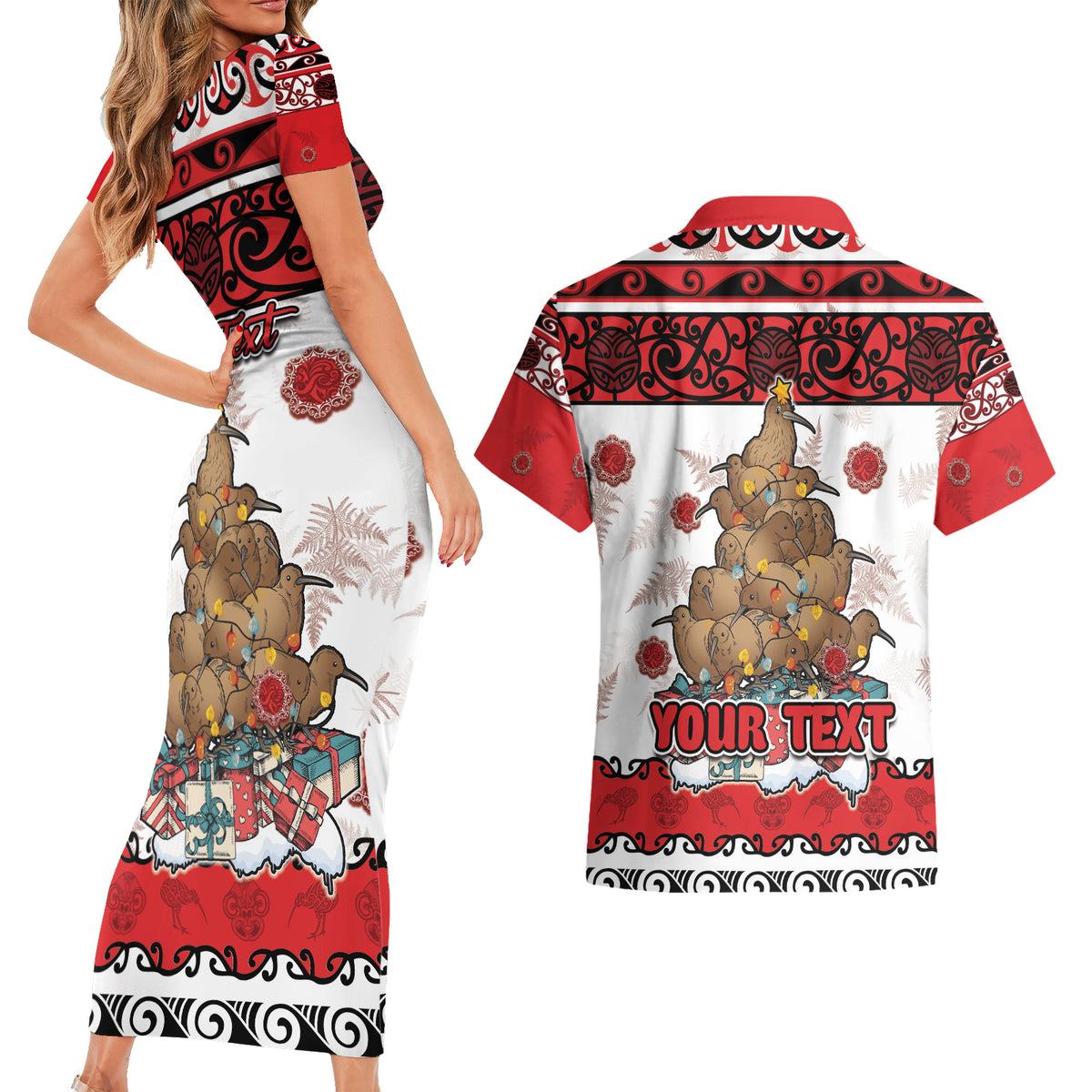 Personalised New Zealand July Christmas Couples Matching Short Sleeve Bodycon Dress and Hawaiian Shirt Maori Kiwi Xmas Tree - White LT05 - Polynesian Pride