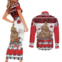 Personalised New Zealand July Christmas Couples Matching Short Sleeve Bodycon Dress and Long Sleeve Button Shirt Maori Kiwi Xmas Tree - White LT05 - Polynesian Pride
