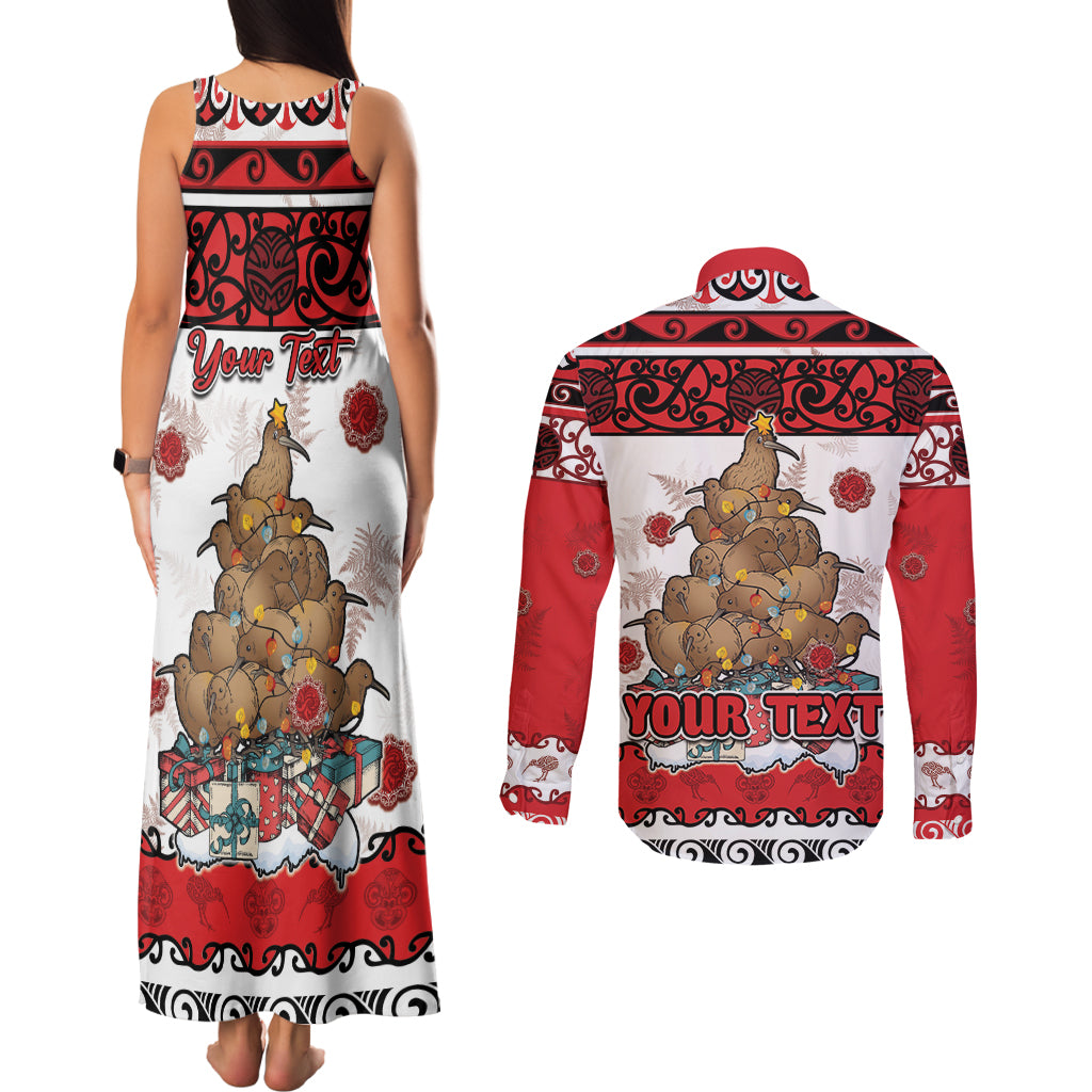 Personalised New Zealand July Christmas Couples Matching Tank Maxi Dress and Long Sleeve Button Shirt Maori Kiwi Xmas Tree - White LT05 - Polynesian Pride