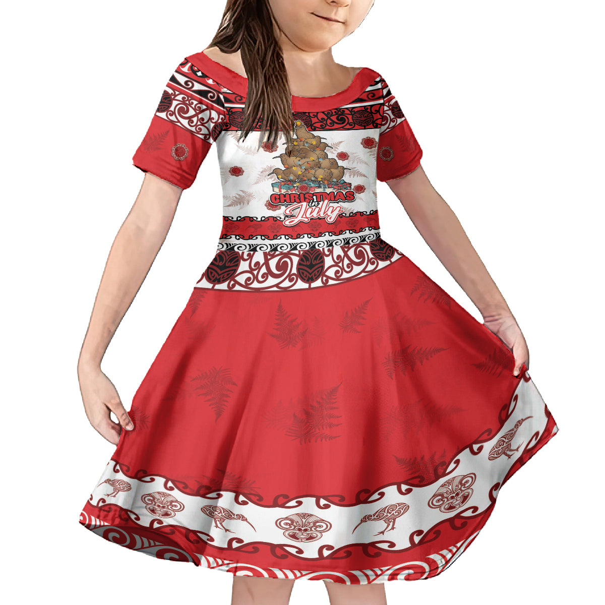 Personalised New Zealand July Christmas Family Matching Off The Shoulder Long Sleeve Dress and Hawaiian Shirt Maori Kiwi Xmas Tree - White LT05 Daughter's Dress White - Polynesian Pride