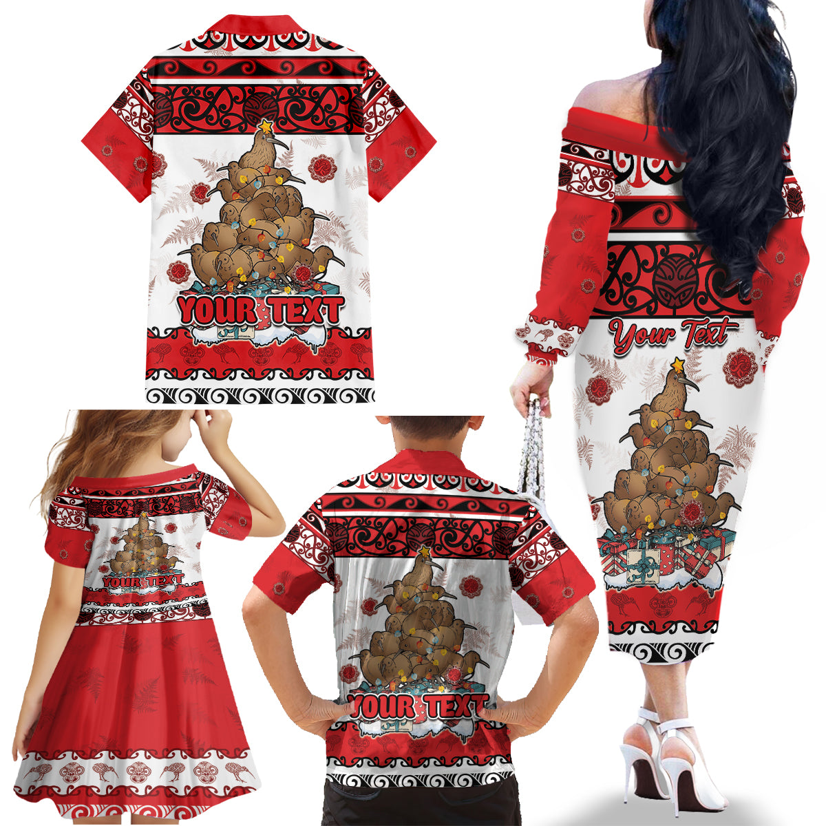 Personalised New Zealand July Christmas Family Matching Off The Shoulder Long Sleeve Dress and Hawaiian Shirt Maori Kiwi Xmas Tree - White LT05 - Polynesian Pride