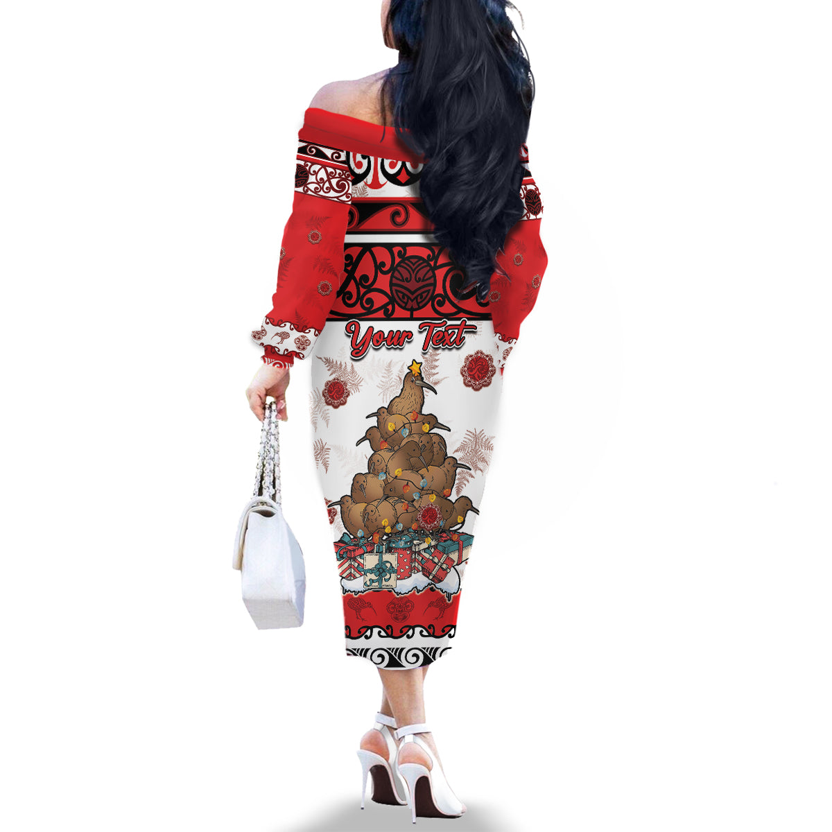 Personalised New Zealand July Christmas Family Matching Off The Shoulder Long Sleeve Dress and Hawaiian Shirt Maori Kiwi Xmas Tree - White LT05 - Polynesian Pride