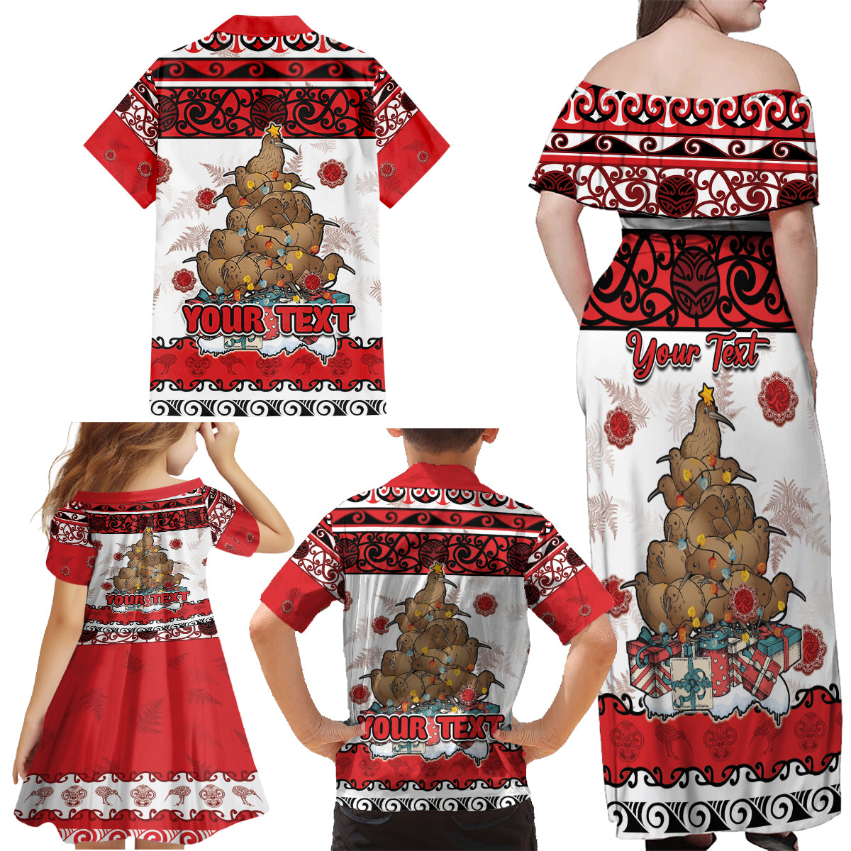 Personalised New Zealand July Christmas Family Matching Off Shoulder Maxi Dress and Hawaiian Shirt Maori Kiwi Xmas Tree - White LT05 - Polynesian Pride
