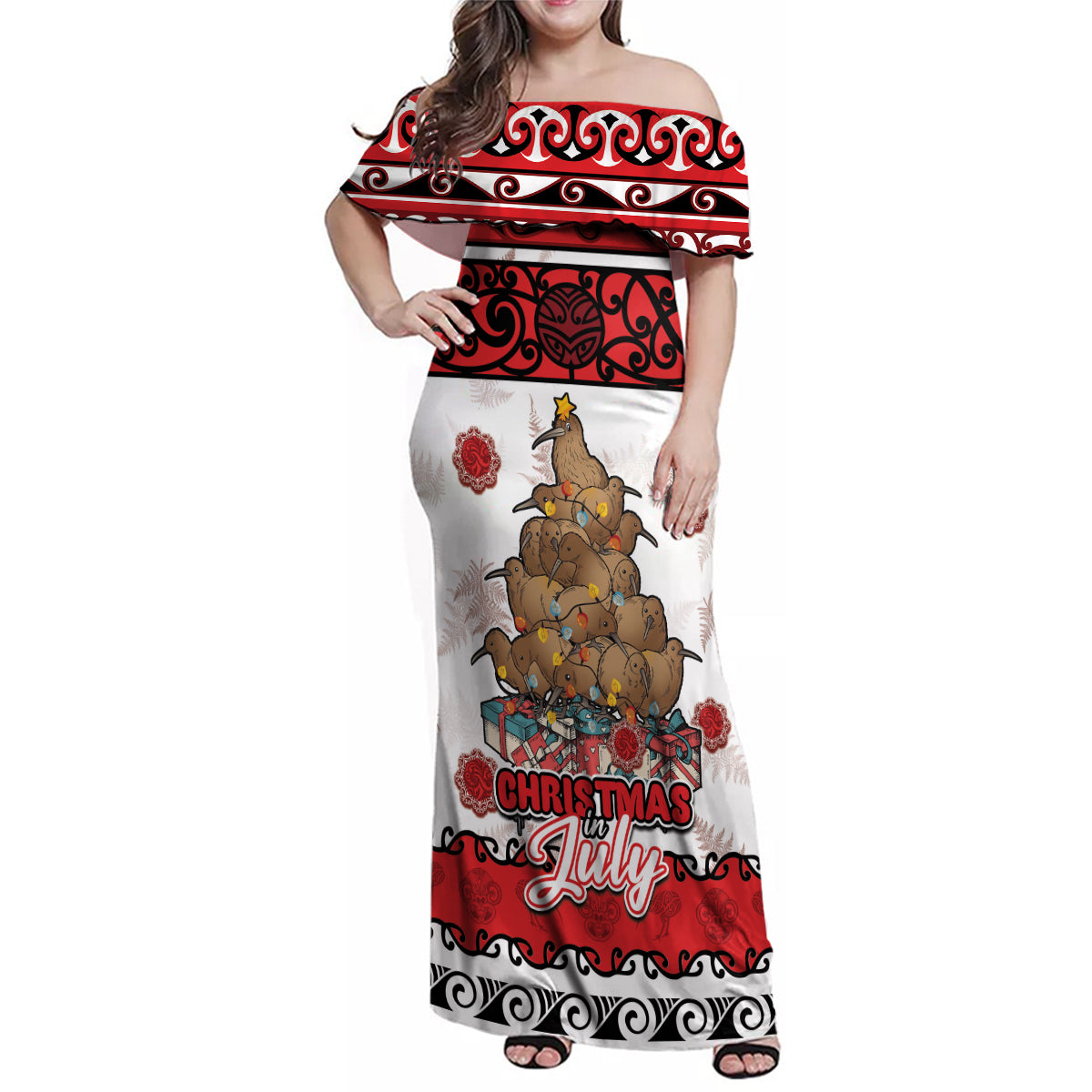 Personalised New Zealand July Christmas Family Matching Off Shoulder Maxi Dress and Hawaiian Shirt Maori Kiwi Xmas Tree - White LT05 Mom's Dress White - Polynesian Pride