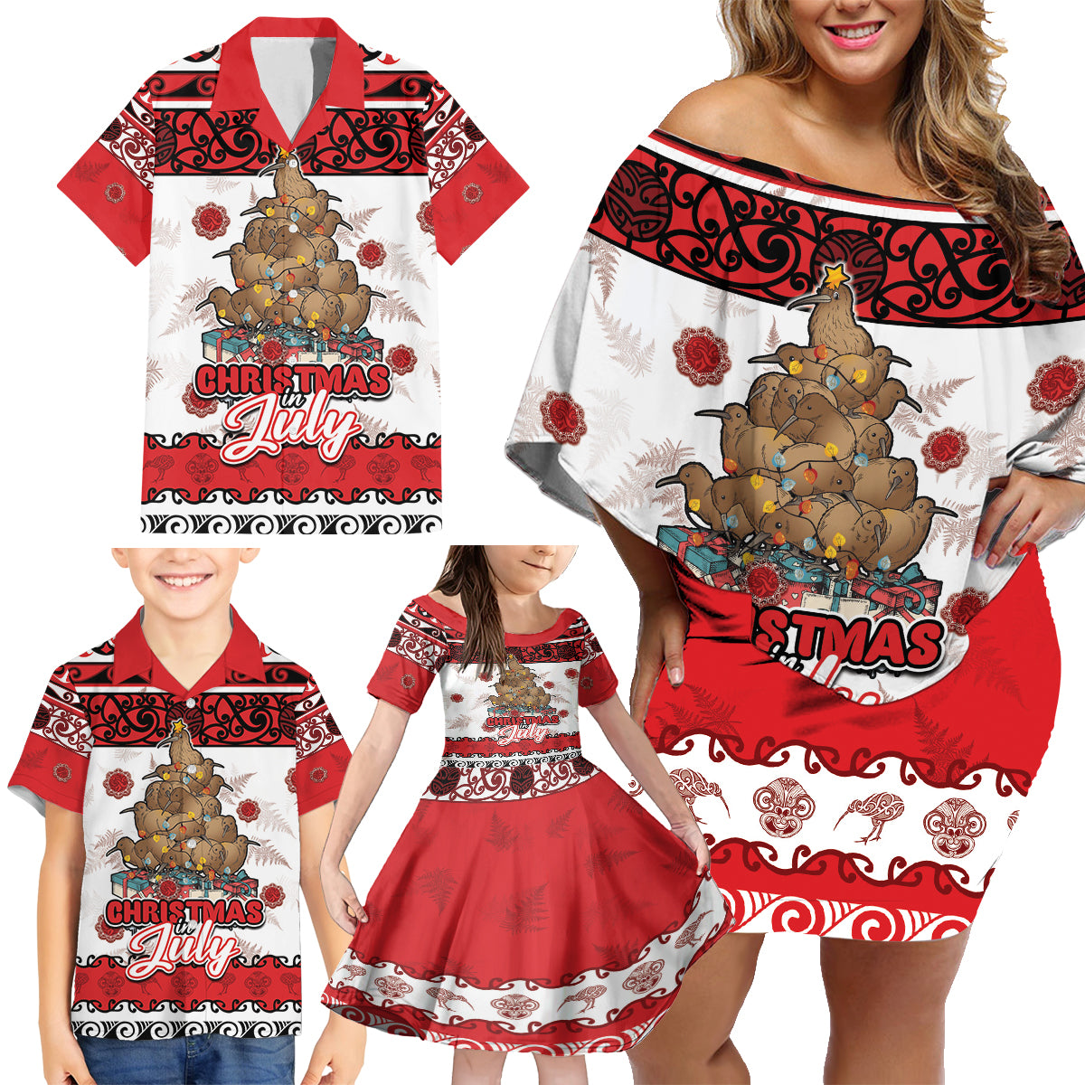 Personalised New Zealand July Christmas Family Matching Off Shoulder Short Dress and Hawaiian Shirt Maori Kiwi Xmas Tree - White LT05 - Polynesian Pride