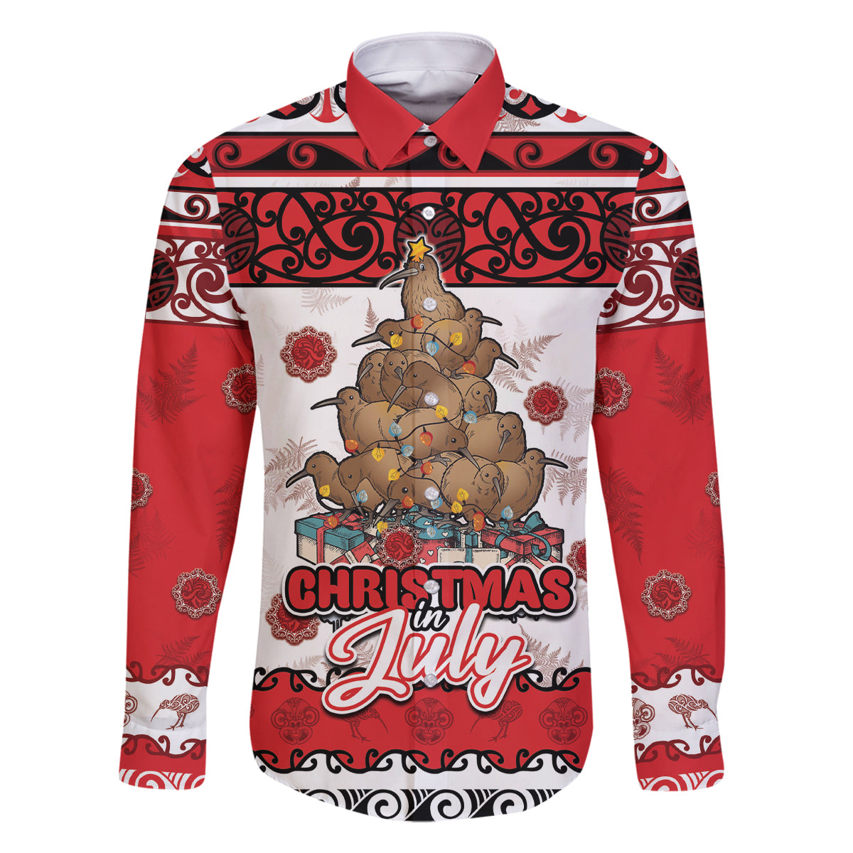 Personalised New Zealand July Christmas Family Matching Off Shoulder Short Dress and Hawaiian Shirt Maori Kiwi Xmas Tree - White LT05 Dad's Shirt - Long Sleeve White - Polynesian Pride