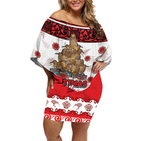 Personalised New Zealand July Christmas Family Matching Off Shoulder Short Dress and Hawaiian Shirt Maori Kiwi Xmas Tree - White LT05 Mom's Dress White - Polynesian Pride