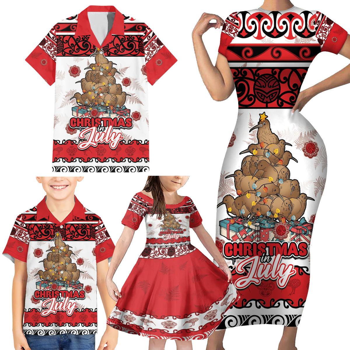 Personalised New Zealand July Christmas Family Matching Short Sleeve Bodycon Dress and Hawaiian Shirt Maori Kiwi Xmas Tree - White LT05 - Polynesian Pride