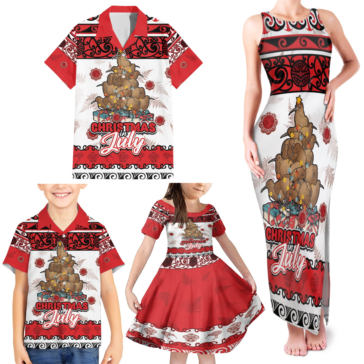 Personalised New Zealand July Christmas Family Matching Tank Maxi Dress and Hawaiian Shirt Maori Kiwi Xmas Tree - White LT05 - Polynesian Pride