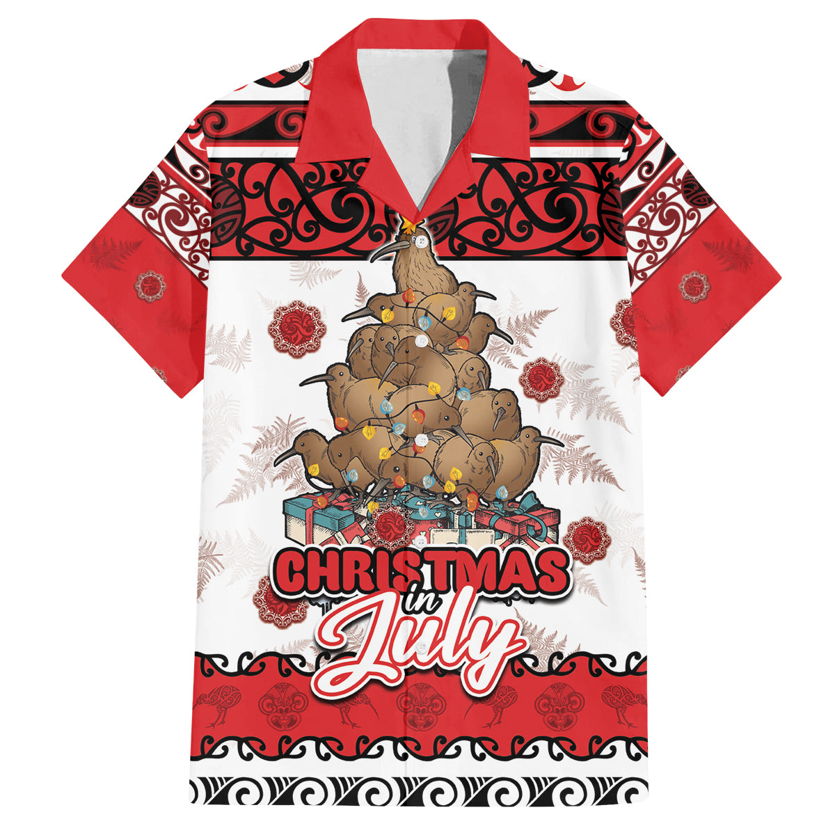 Personalised New Zealand July Christmas Family Matching Tank Maxi Dress and Hawaiian Shirt Maori Kiwi Xmas Tree - White LT05 Dad's Shirt - Short Sleeve White - Polynesian Pride