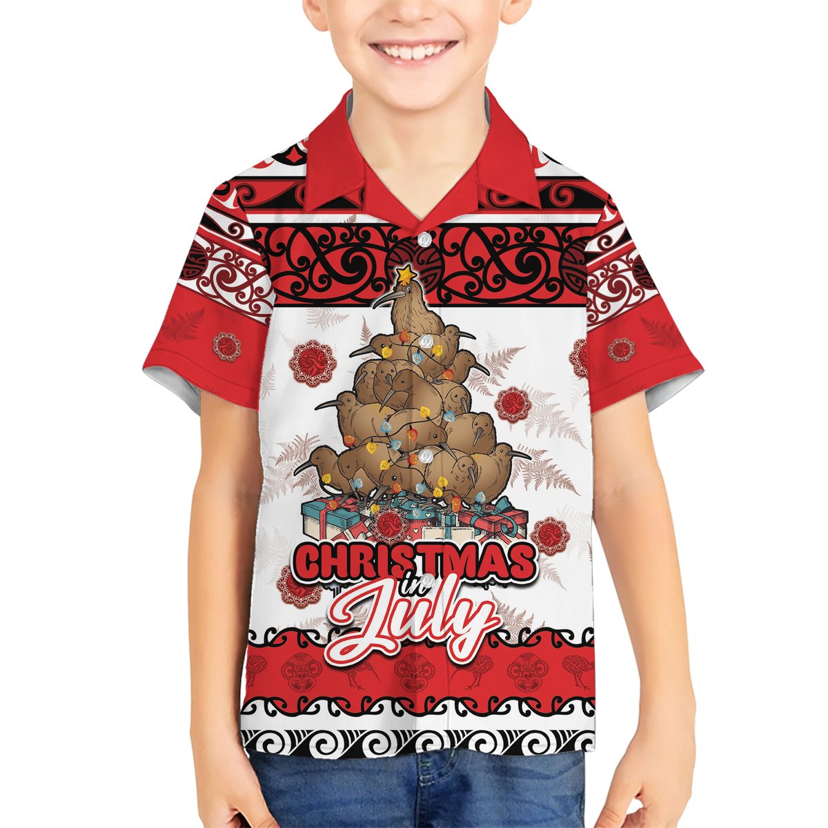 Personalised New Zealand July Christmas Hawaiian Shirt Maori Kiwi Xmas Tree - White