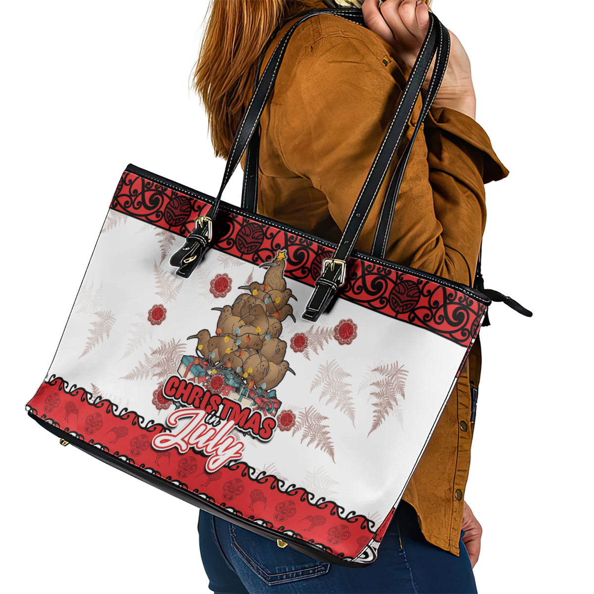 New Zealand July Christmas Leather Tote Bag Maori Kiwi Xmas Tree - White