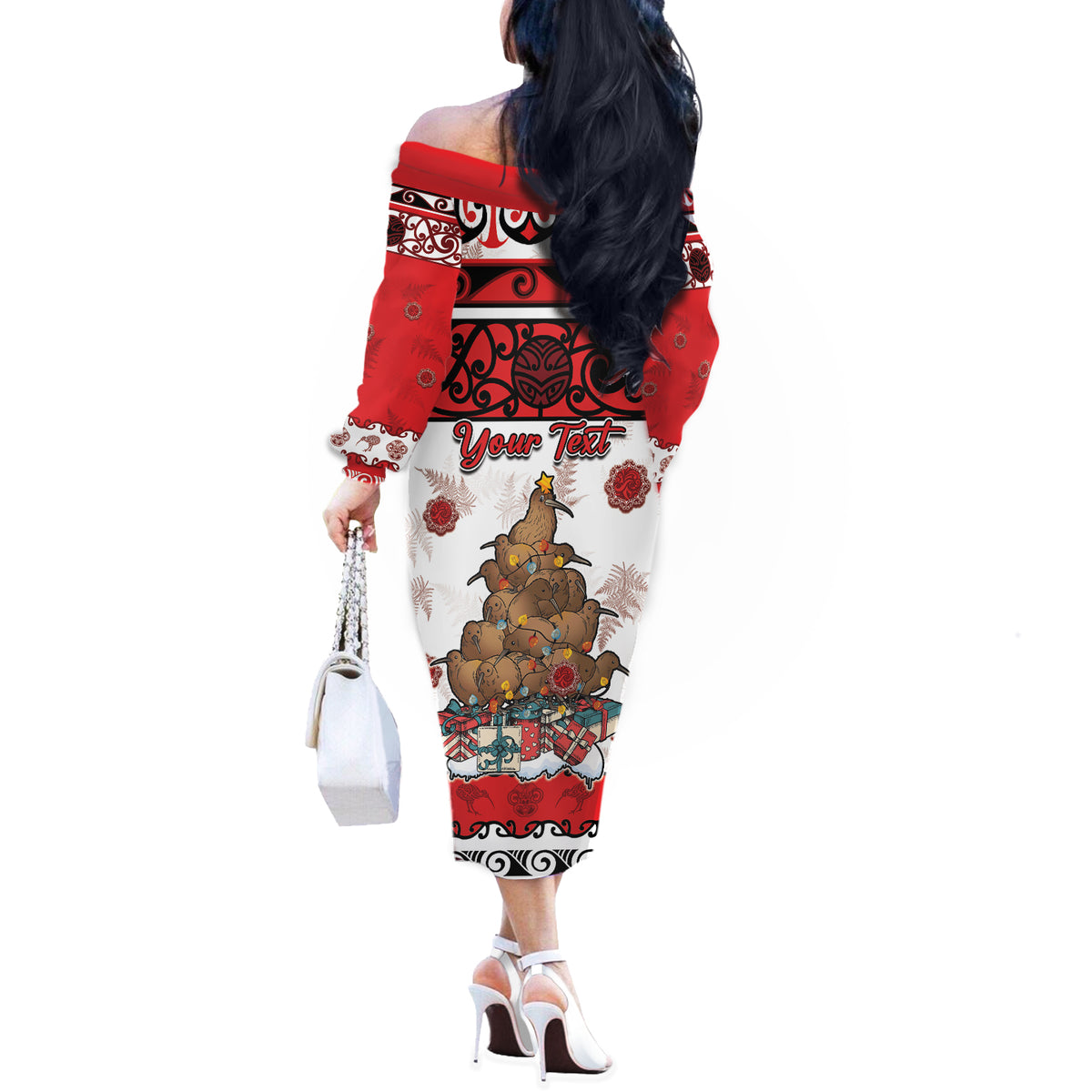 Personalised New Zealand July Christmas Off The Shoulder Long Sleeve Dress Maori Kiwi Xmas Tree - White LT05 - Polynesian Pride