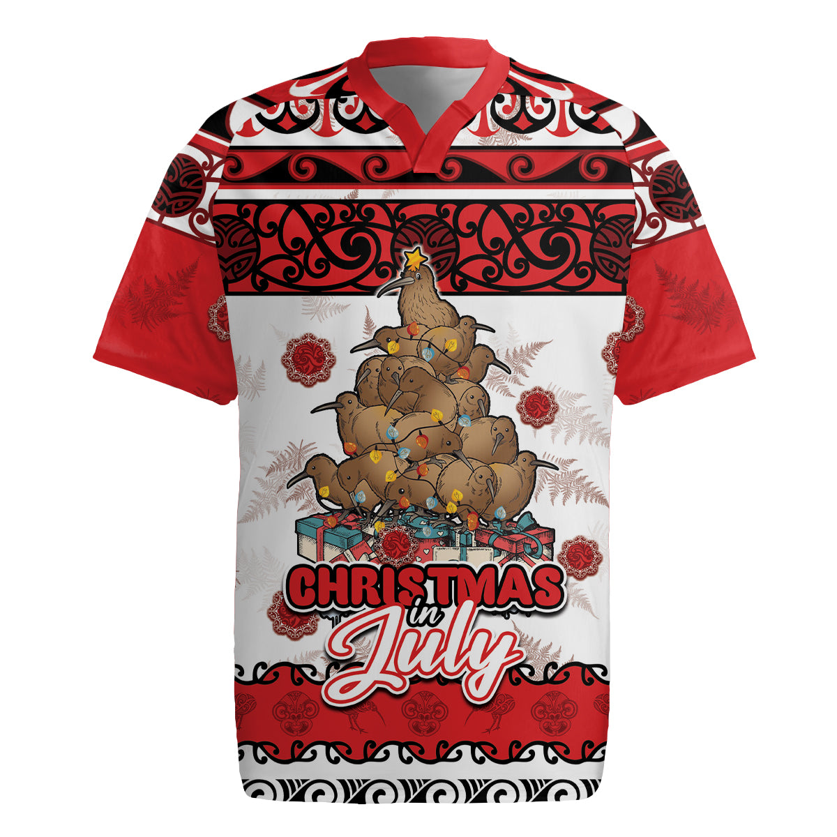 Personalised New Zealand July Christmas Rugby Jersey Maori Kiwi Xmas Tree - White LT05 White - Polynesian Pride