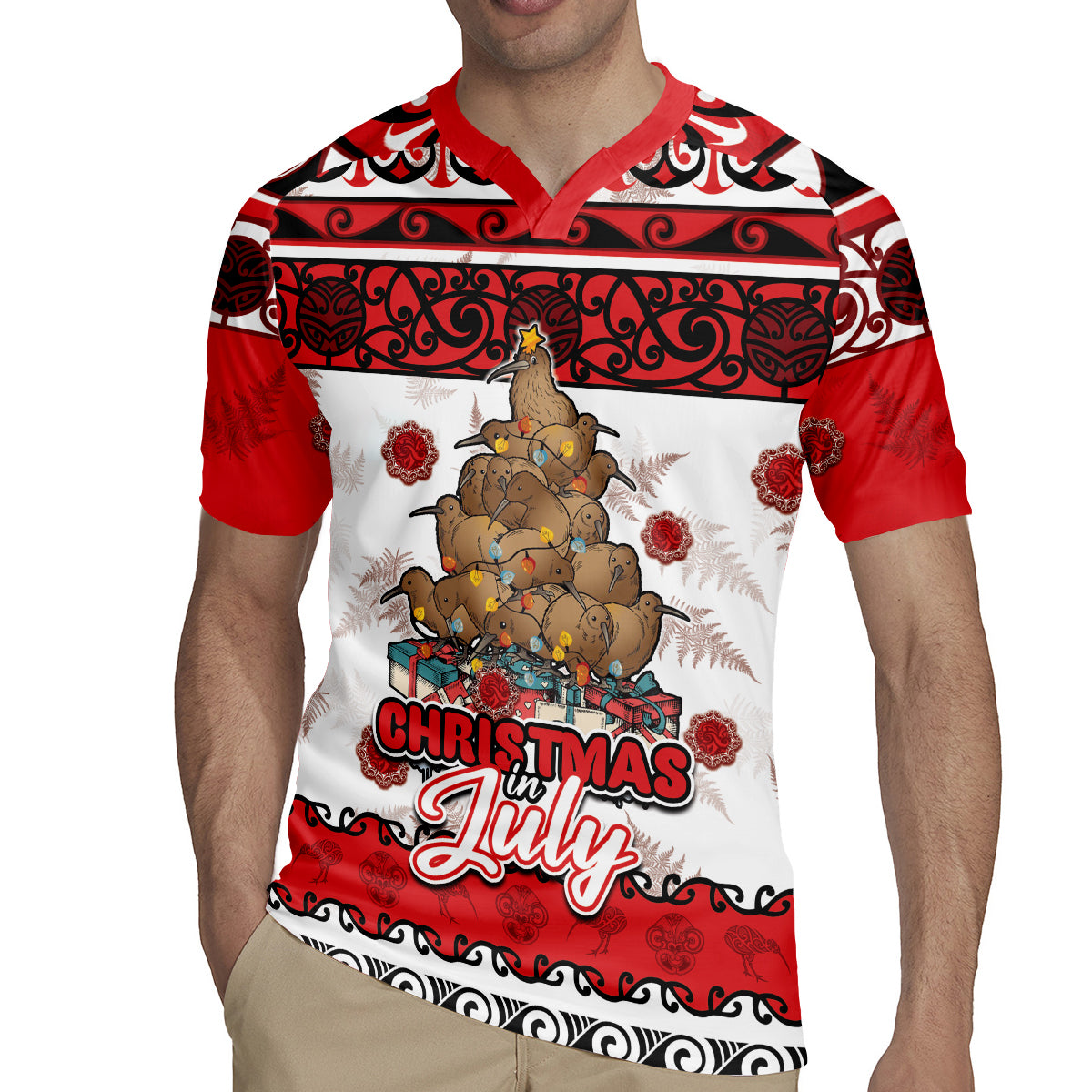 Personalised New Zealand July Christmas Rugby Jersey Maori Kiwi Xmas Tree - White LT05 - Polynesian Pride