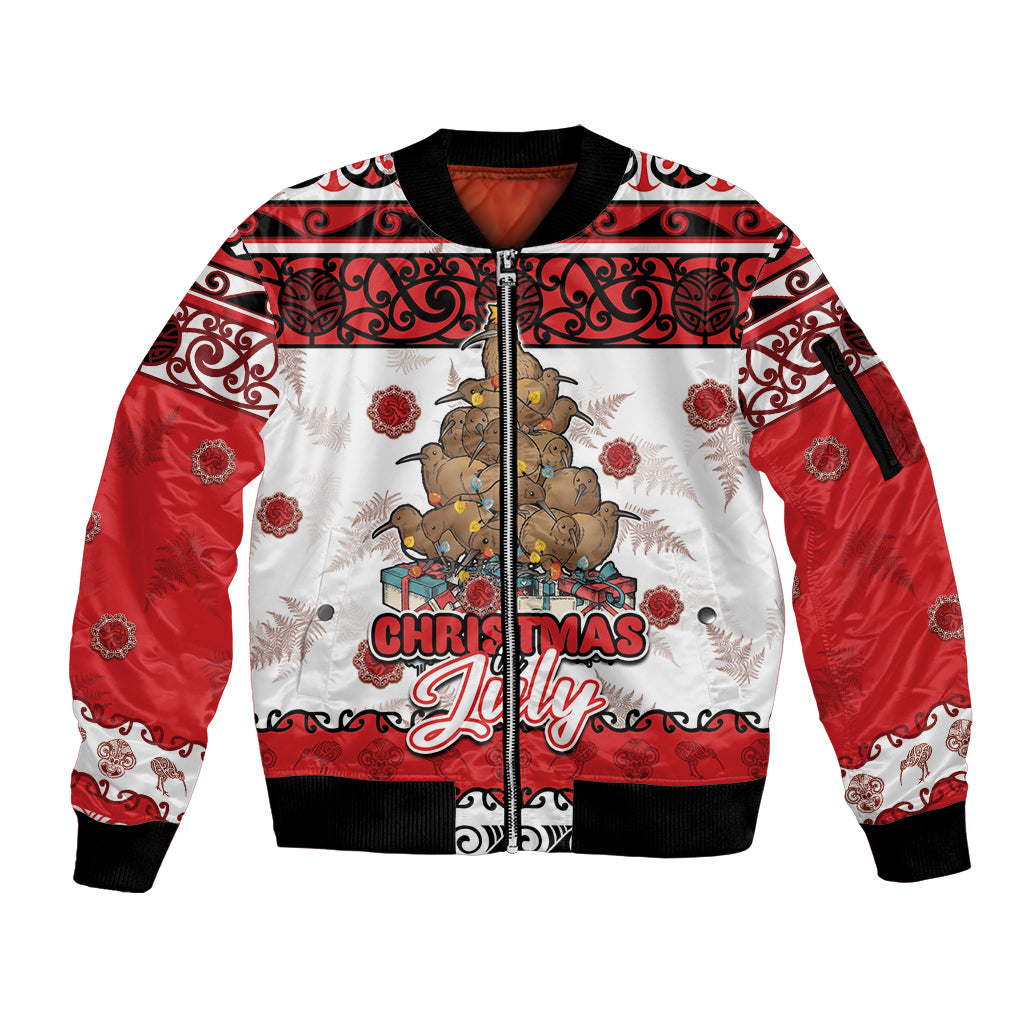 Personalised New Zealand July Christmas Sleeve Zip Bomber Jacket Maori Kiwi Xmas Tree - White