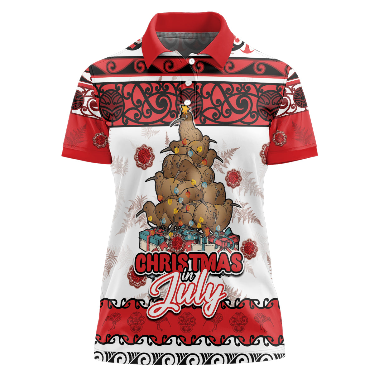 Personalised New Zealand July Christmas Women Polo Shirt Maori Kiwi Xmas Tree - White LT05 Female White - Polynesian Pride