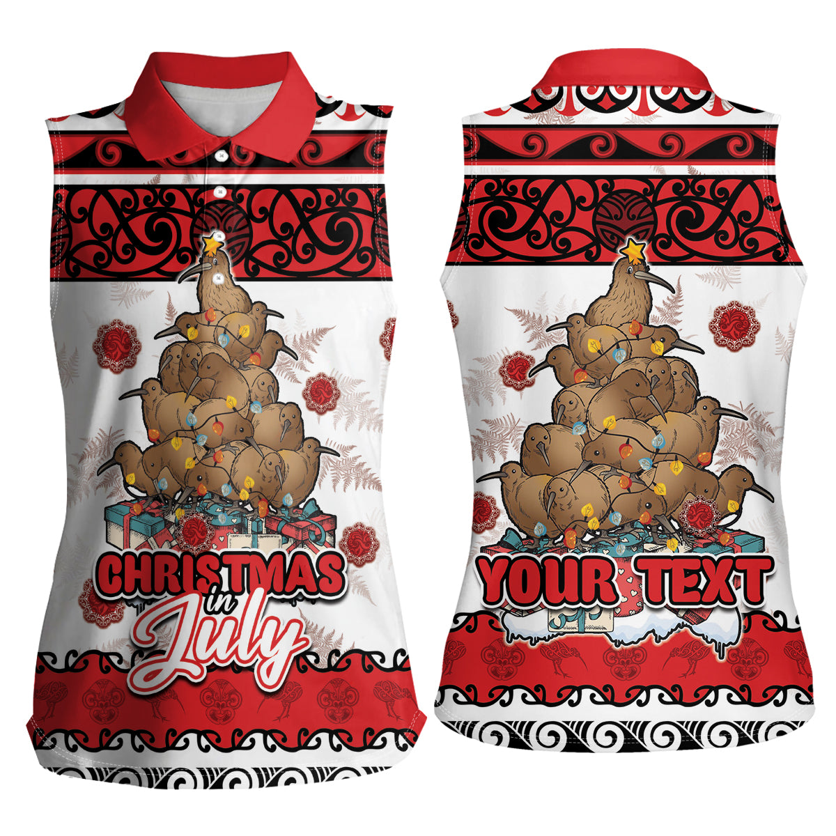 Personalised New Zealand July Christmas Women Sleeveless Polo Shirt Maori Kiwi Xmas Tree - White LT05 - Polynesian Pride