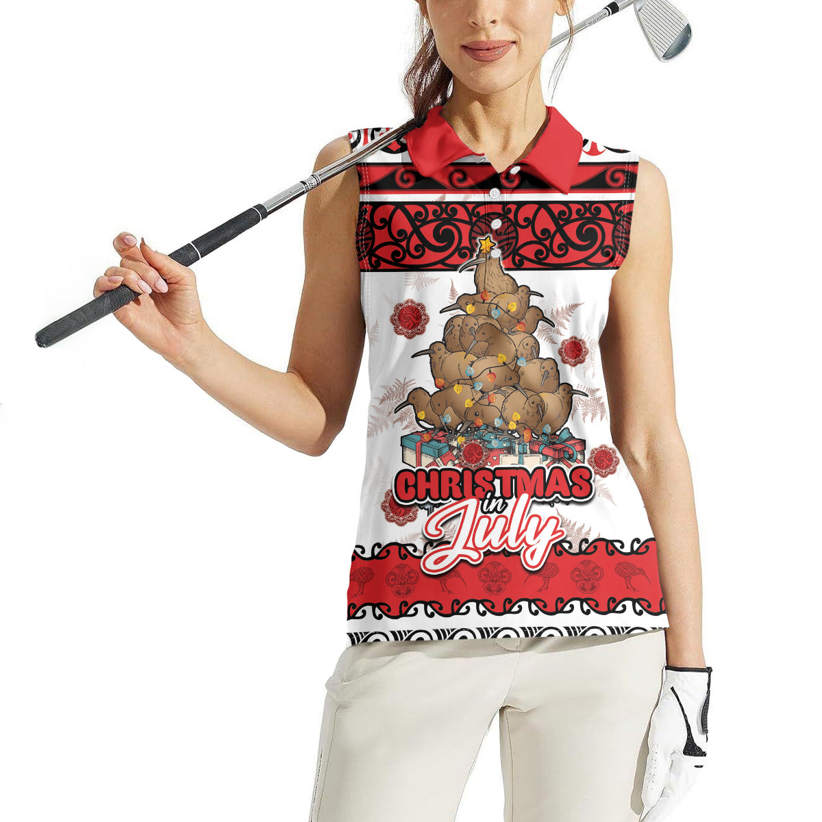 Personalised New Zealand July Christmas Women Sleeveless Polo Shirt Maori Kiwi Xmas Tree - White LT05 - Polynesian Pride
