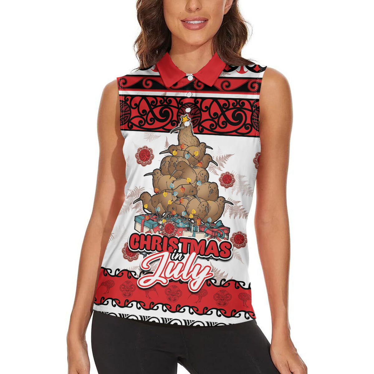 Personalised New Zealand July Christmas Women Sleeveless Polo Shirt Maori Kiwi Xmas Tree - White LT05 - Polynesian Pride
