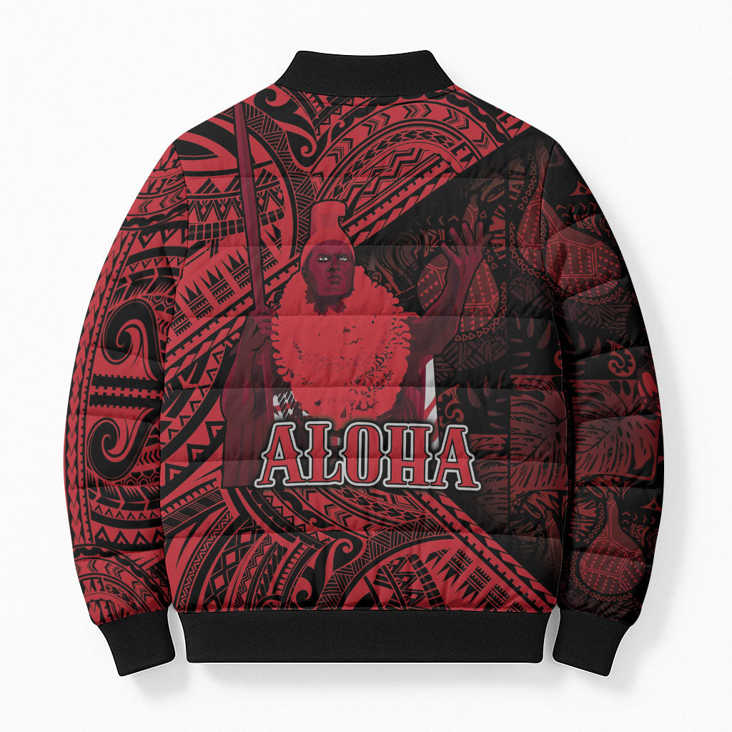 Hawaii King Kamehameha Bomber Puffer Jacket With Hawaiian Ipu Motifs Red Version