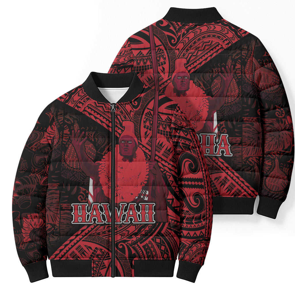 Hawaii King Kamehameha Bomber Puffer Jacket With Hawaiian Ipu Motifs Red Version