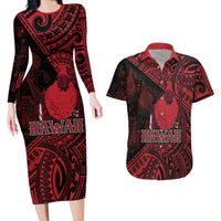 Hawaii King Kamehameha Couples Matching Long Sleeve Bodycon Dress and Hawaiian Shirt With Hawaiian Ipu Motifs Red Version LT05 Red - Polynesian Pride