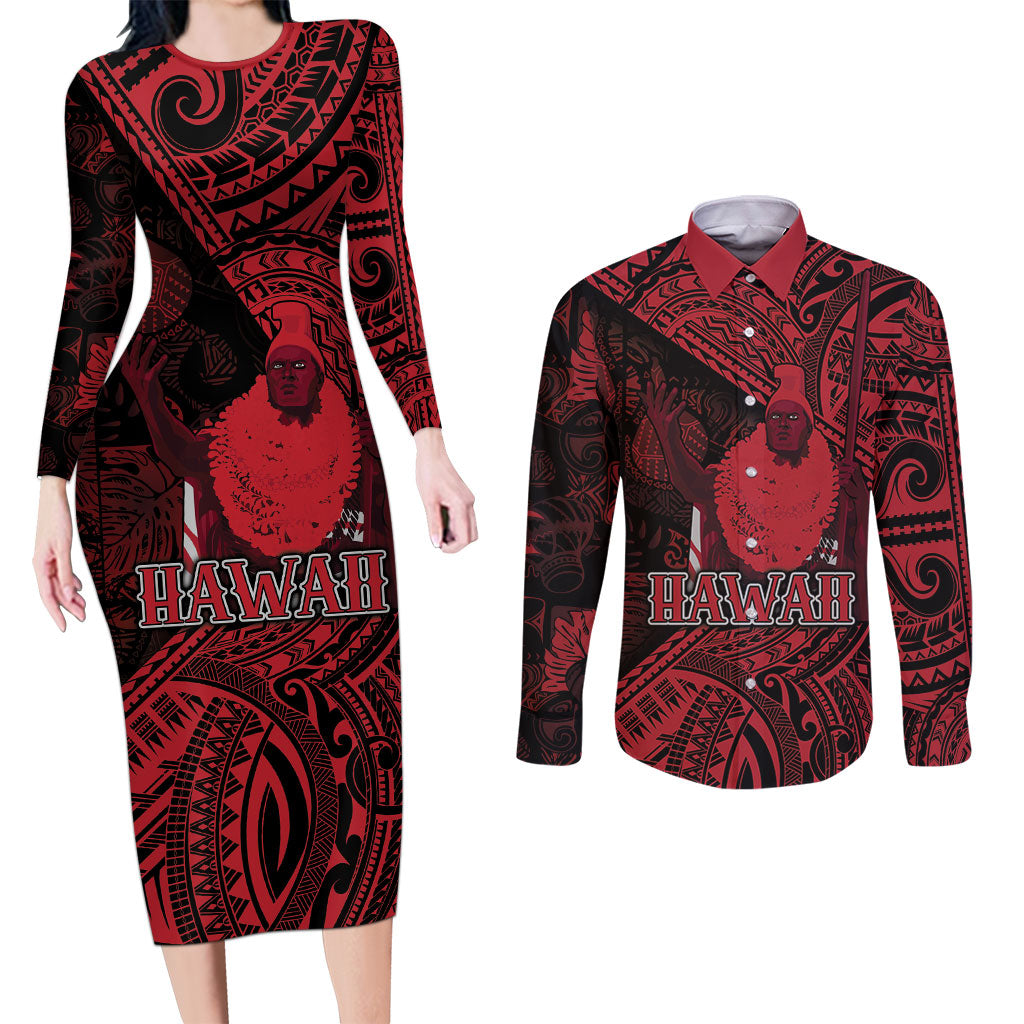 Hawaii King Kamehameha Couples Matching Long Sleeve Bodycon Dress and Long Sleeve Button Shirt With Hawaiian Ipu Motifs Red Version