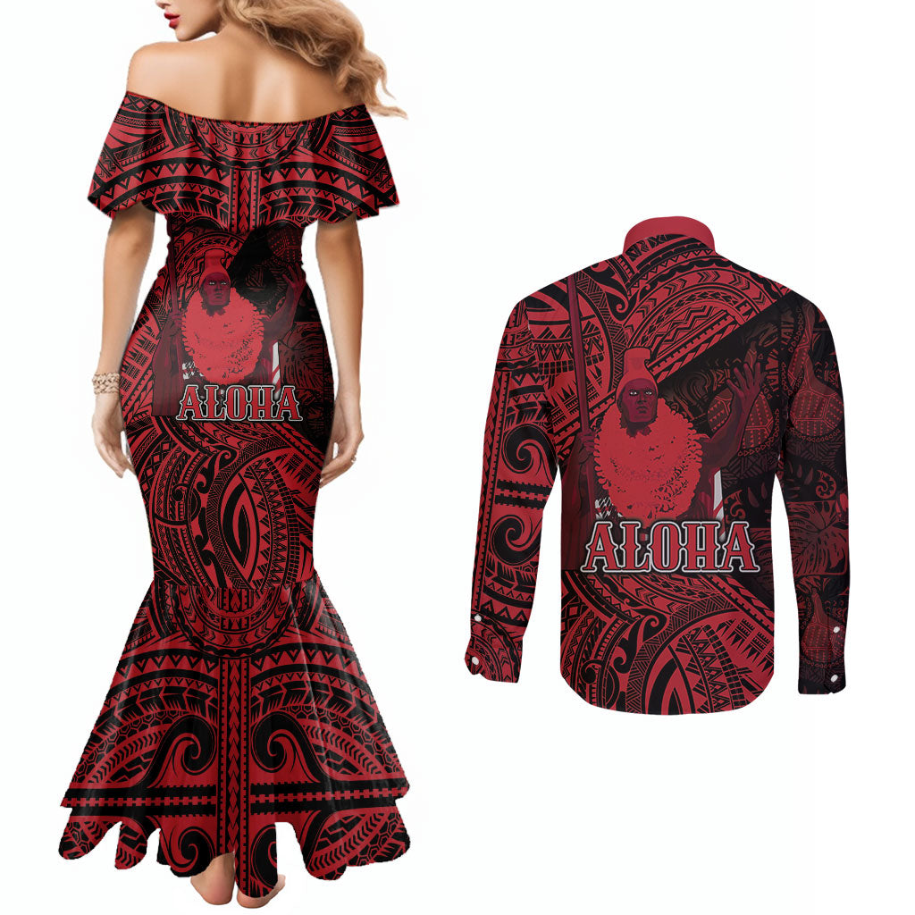 Hawaii King Kamehameha Couples Matching Mermaid Dress and Long Sleeve Button Shirt With Hawaiian Ipu Motifs Red Version