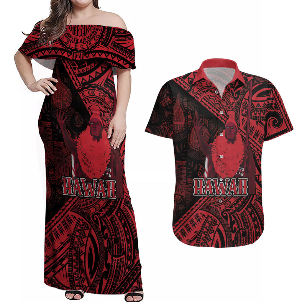 Hawaii King Kamehameha Couples Matching Off Shoulder Maxi Dress and Hawaiian Shirt With Hawaiian Ipu Motifs Red Version