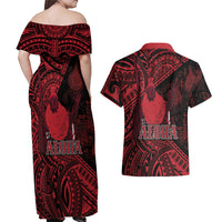 Hawaii King Kamehameha Couples Matching Off Shoulder Maxi Dress and Hawaiian Shirt With Hawaiian Ipu Motifs Red Version