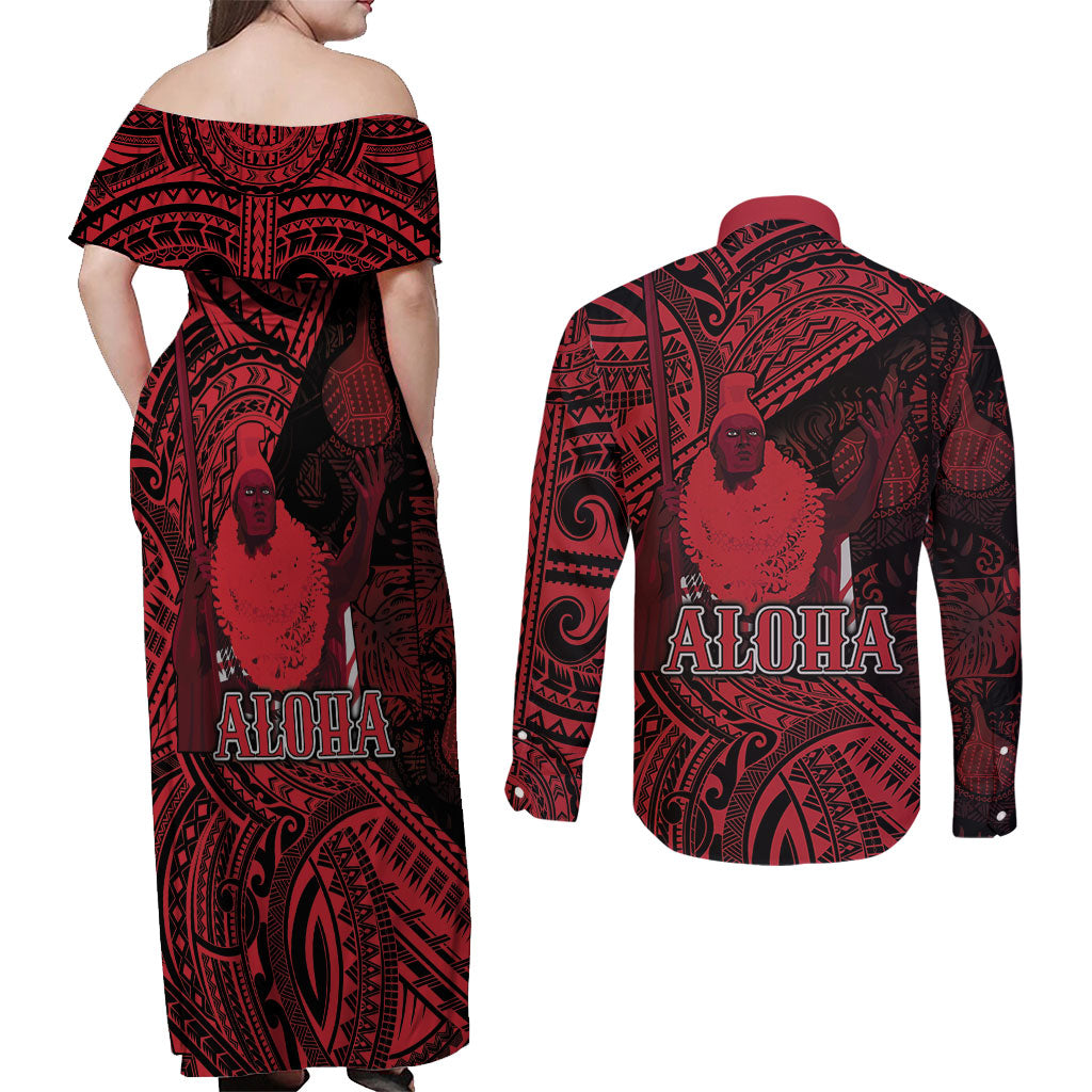 Hawaii King Kamehameha Couples Matching Off Shoulder Maxi Dress and Long Sleeve Button Shirt With Hawaiian Ipu Motifs Red Version