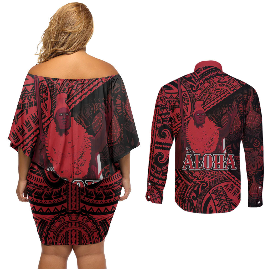 Hawaii King Kamehameha Couples Matching Off Shoulder Short Dress and Long Sleeve Button Shirt With Hawaiian Ipu Motifs Red Version