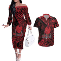Hawaii King Kamehameha Couples Matching Off The Shoulder Long Sleeve Dress and Hawaiian Shirt With Hawaiian Ipu Motifs Red Version LT05 Red - Polynesian Pride