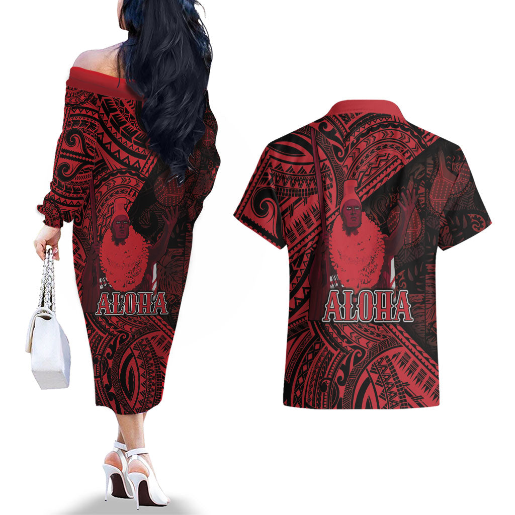 Hawaii King Kamehameha Couples Matching Off The Shoulder Long Sleeve Dress and Hawaiian Shirt With Hawaiian Ipu Motifs Red Version LT05 - Polynesian Pride