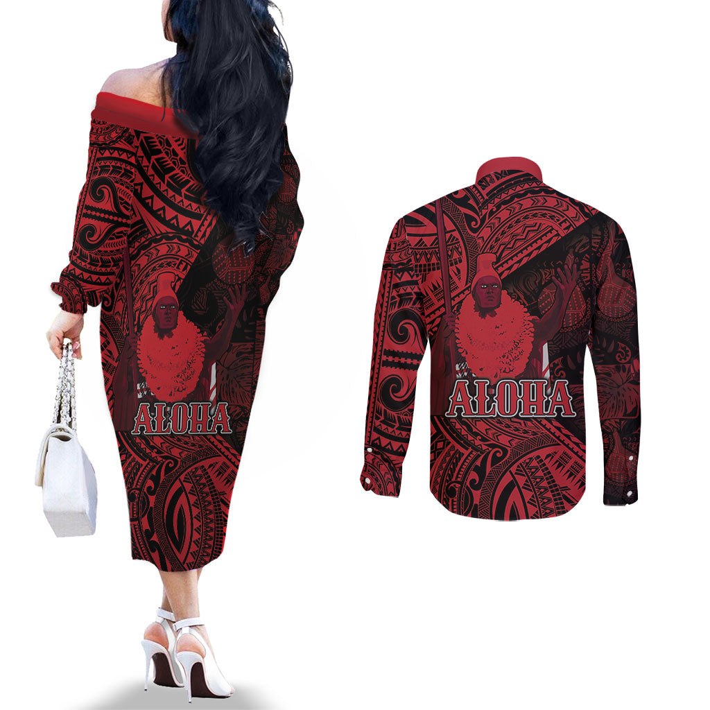 Hawaii King Kamehameha Couples Matching Off The Shoulder Long Sleeve Dress and Long Sleeve Button Shirt With Hawaiian Ipu Motifs Red Version
