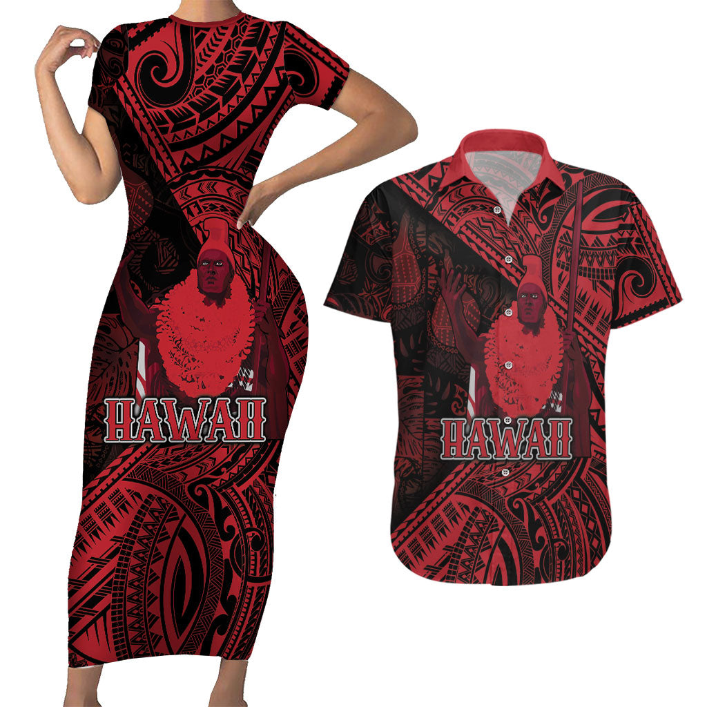 Hawaii King Kamehameha Couples Matching Short Sleeve Bodycon Dress and Hawaiian Shirt With Hawaiian Ipu Motifs Red Version LT05 Red - Polynesian Pride