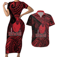 Hawaii King Kamehameha Couples Matching Short Sleeve Bodycon Dress and Hawaiian Shirt With Hawaiian Ipu Motifs Red Version LT05 Red - Polynesian Pride
