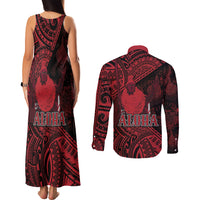 Hawaii King Kamehameha Couples Matching Tank Maxi Dress and Long Sleeve Button Shirt With Hawaiian Ipu Motifs Red Version