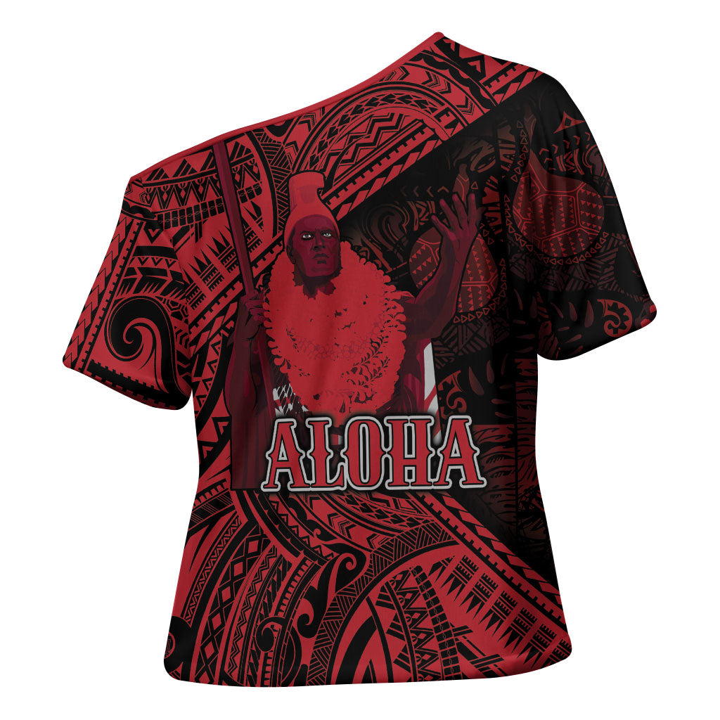 Hawaii King Kamehameha Cross Shoulder Shirt With Hawaiian Ipu Motifs Red Version