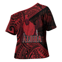 Hawaii King Kamehameha Cross Shoulder Shirt With Hawaiian Ipu Motifs Red Version