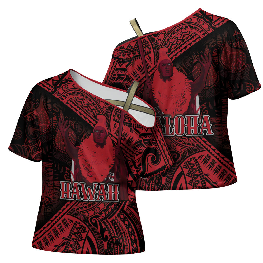 Hawaii King Kamehameha Cross Shoulder Shirt With Hawaiian Ipu Motifs Red Version