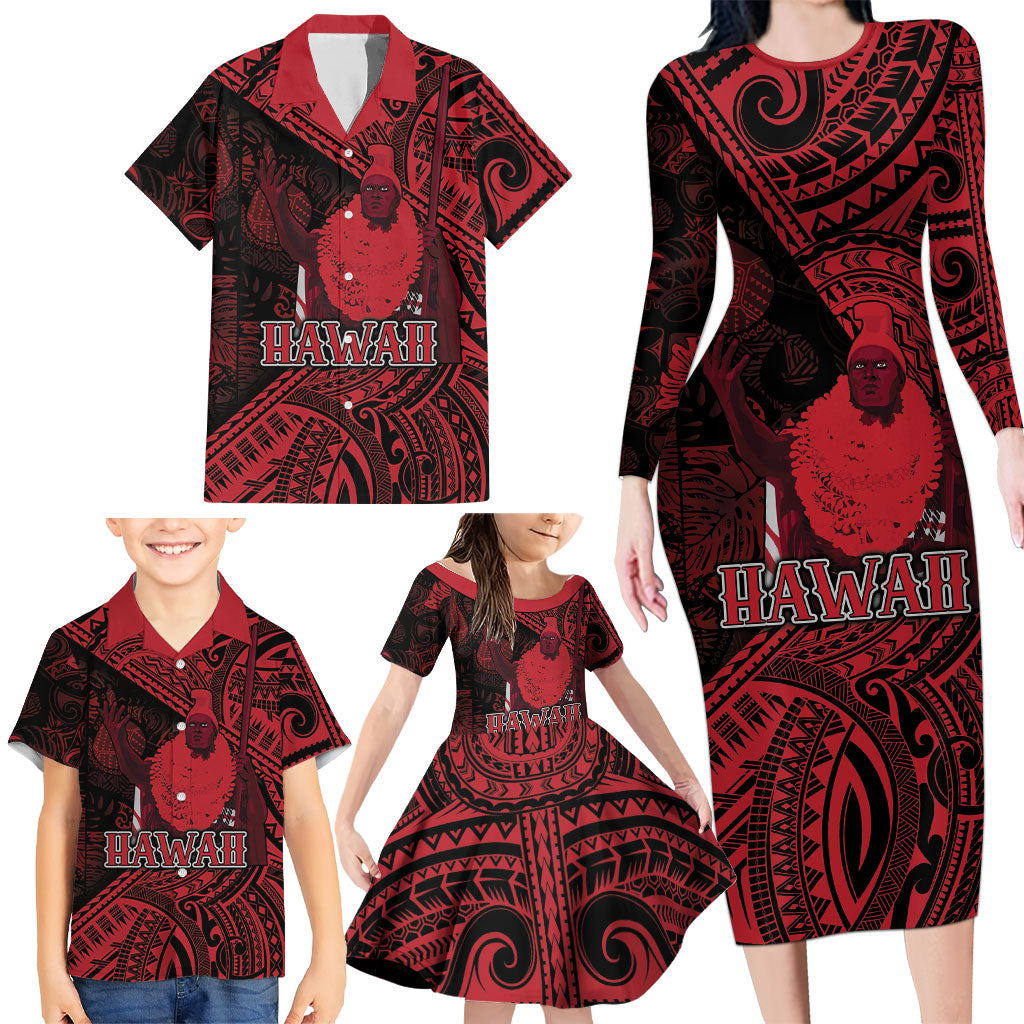 Hawaii King Kamehameha Family Matching Long Sleeve Bodycon Dress and Hawaiian Shirt With Hawaiian Ipu Motifs Red Version