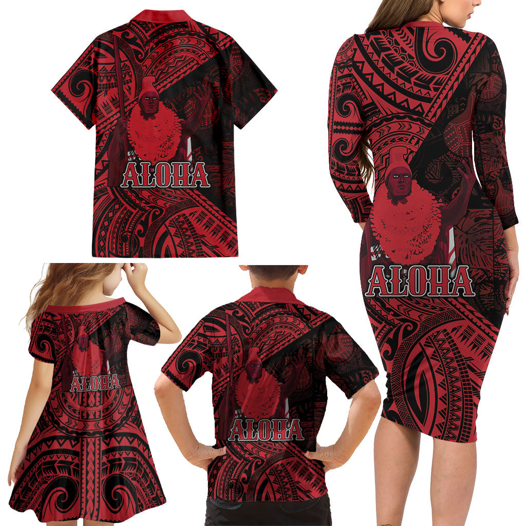 Hawaii King Kamehameha Family Matching Long Sleeve Bodycon Dress and Hawaiian Shirt With Hawaiian Ipu Motifs Red Version LT05 - Polynesian Pride