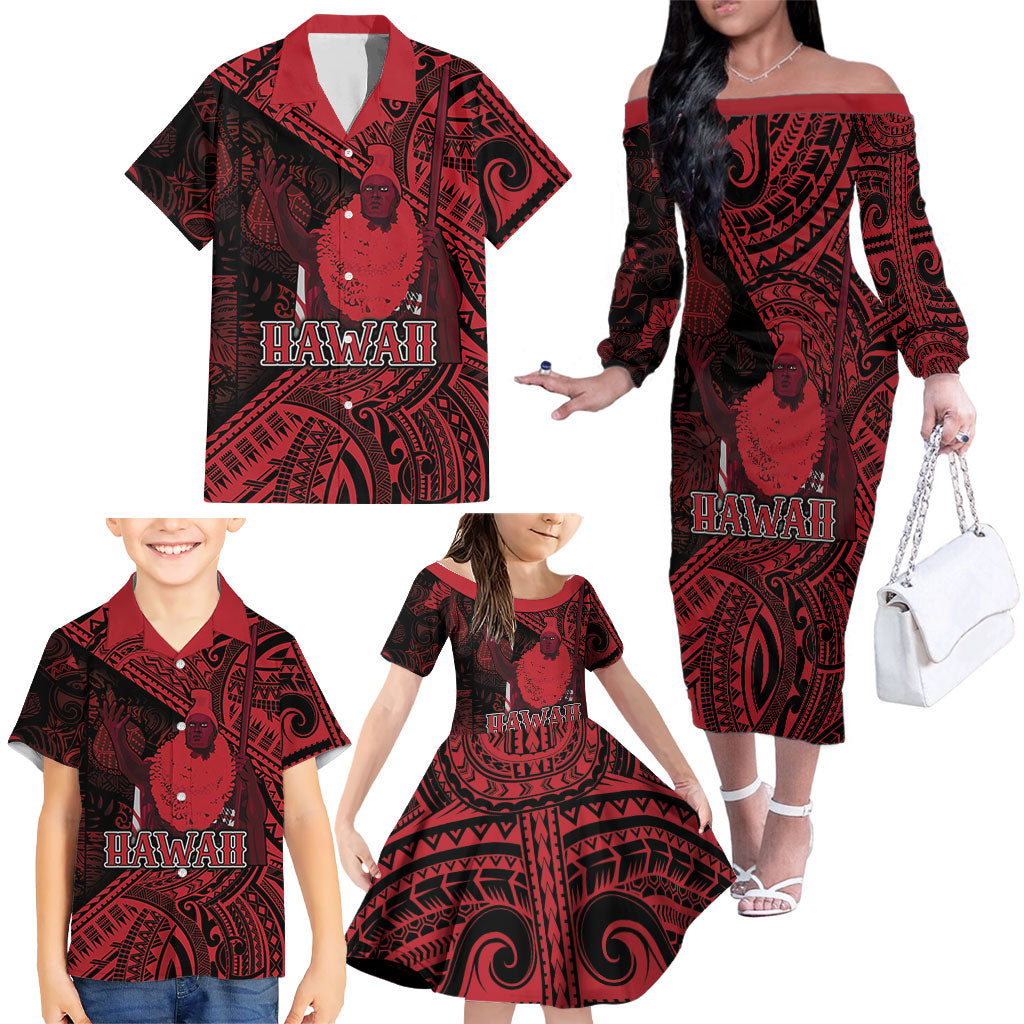 Hawaii King Kamehameha Family Matching Off The Shoulder Long Sleeve Dress and Hawaiian Shirt With Hawaiian Ipu Motifs Red Version LT05 - Polynesian Pride