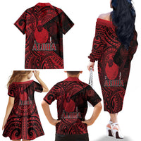Hawaii King Kamehameha Family Matching Off The Shoulder Long Sleeve Dress and Hawaiian Shirt With Hawaiian Ipu Motifs Red Version LT05 - Polynesian Pride